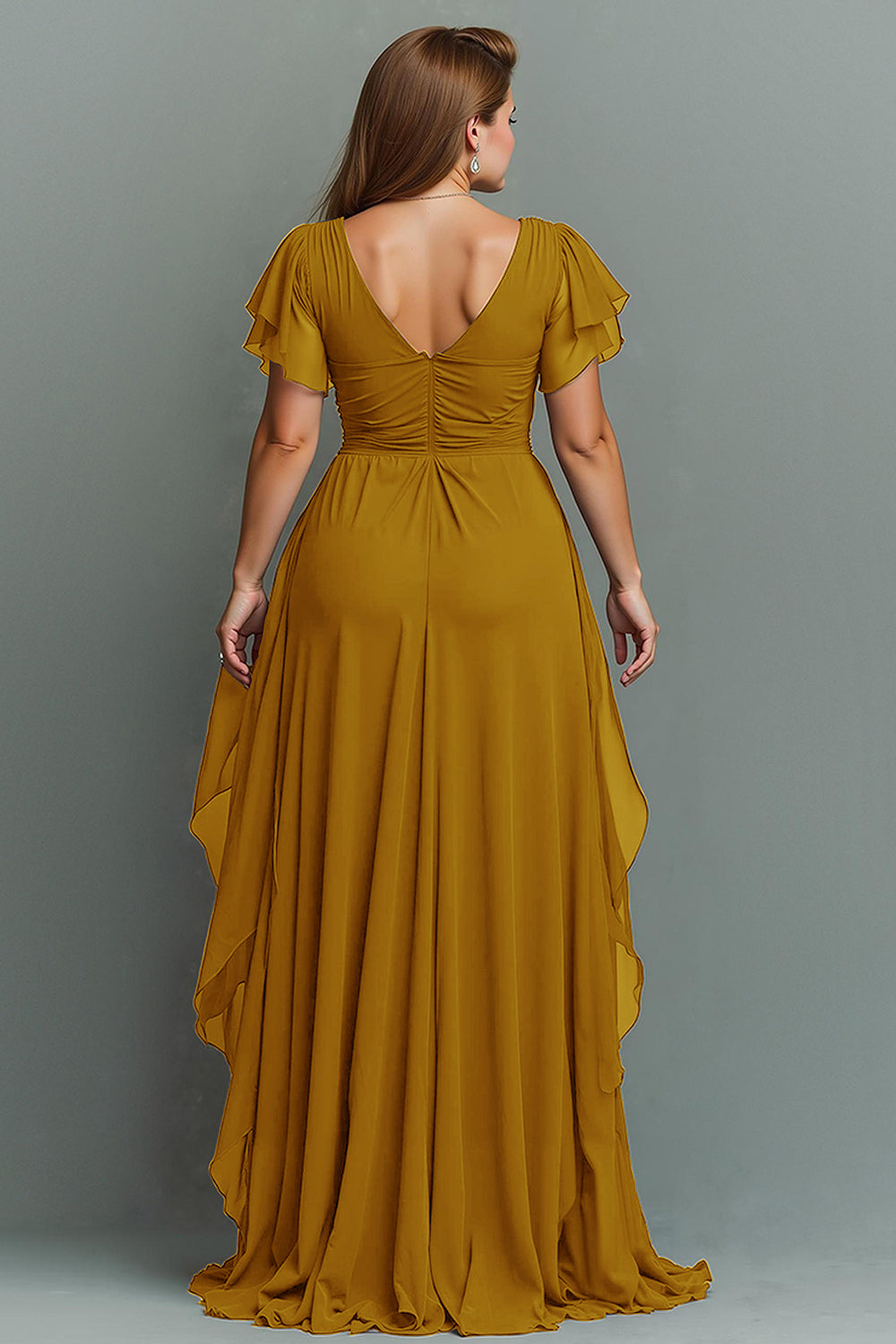 Navy A-Line Chiffon Ruched Maxi Dress With Flutter Sleeves