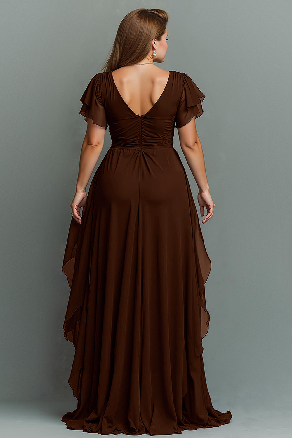 Navy A-Line Chiffon Ruched Maxi Dress With Flutter Sleeves