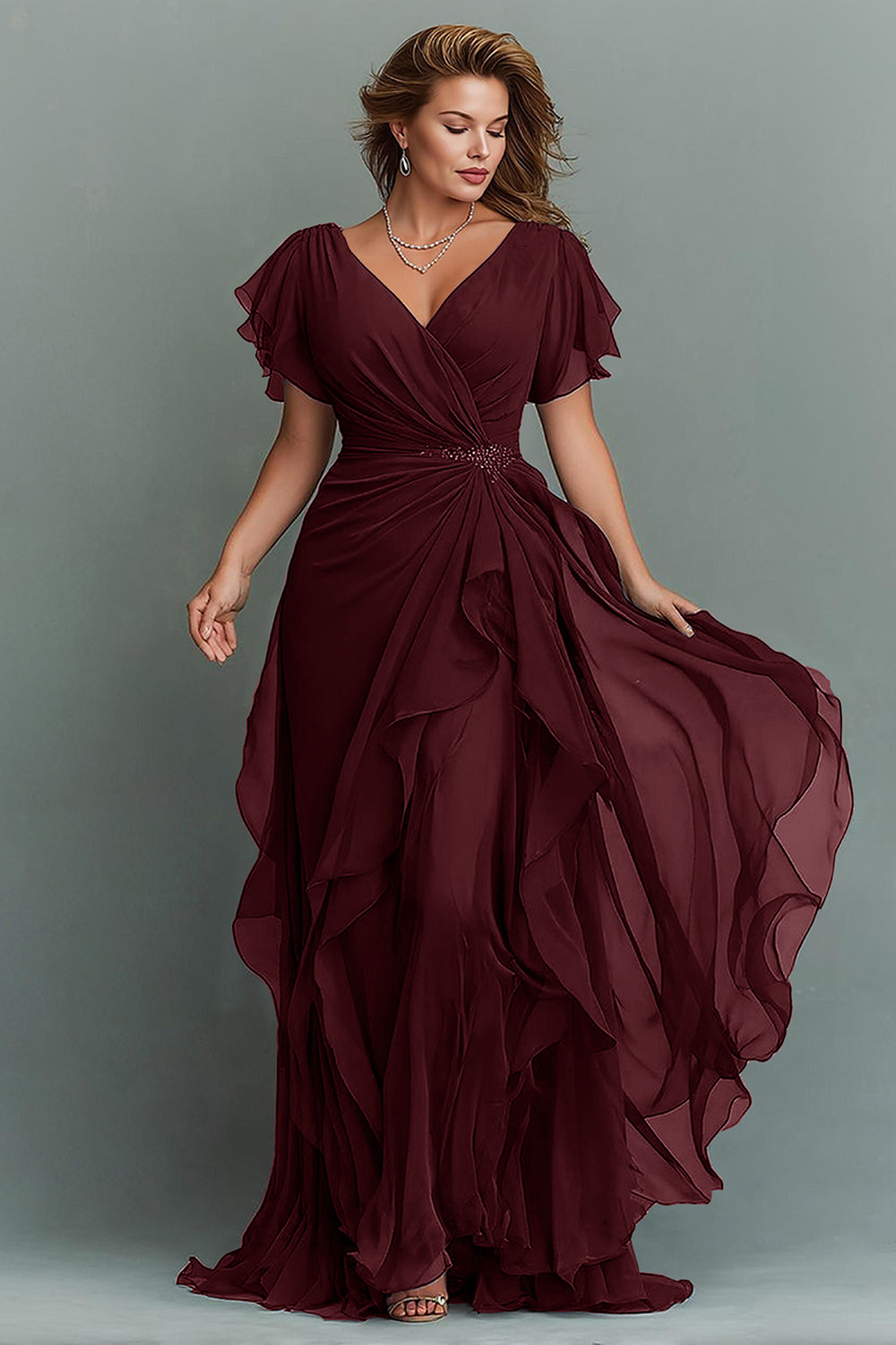 Navy A-Line Chiffon Ruched Maxi Dress With Flutter Sleeves