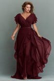 Navy A-Line Chiffon Ruched Maxi Dress With Flutter Sleeves