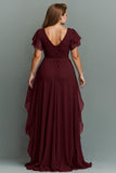 Navy A-Line Chiffon Ruched Maxi Dress With Flutter Sleeves