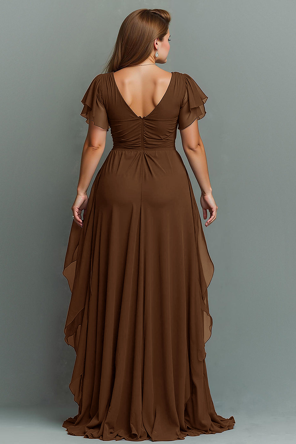 Navy A-Line Chiffon Ruched Maxi Dress With Flutter Sleeves