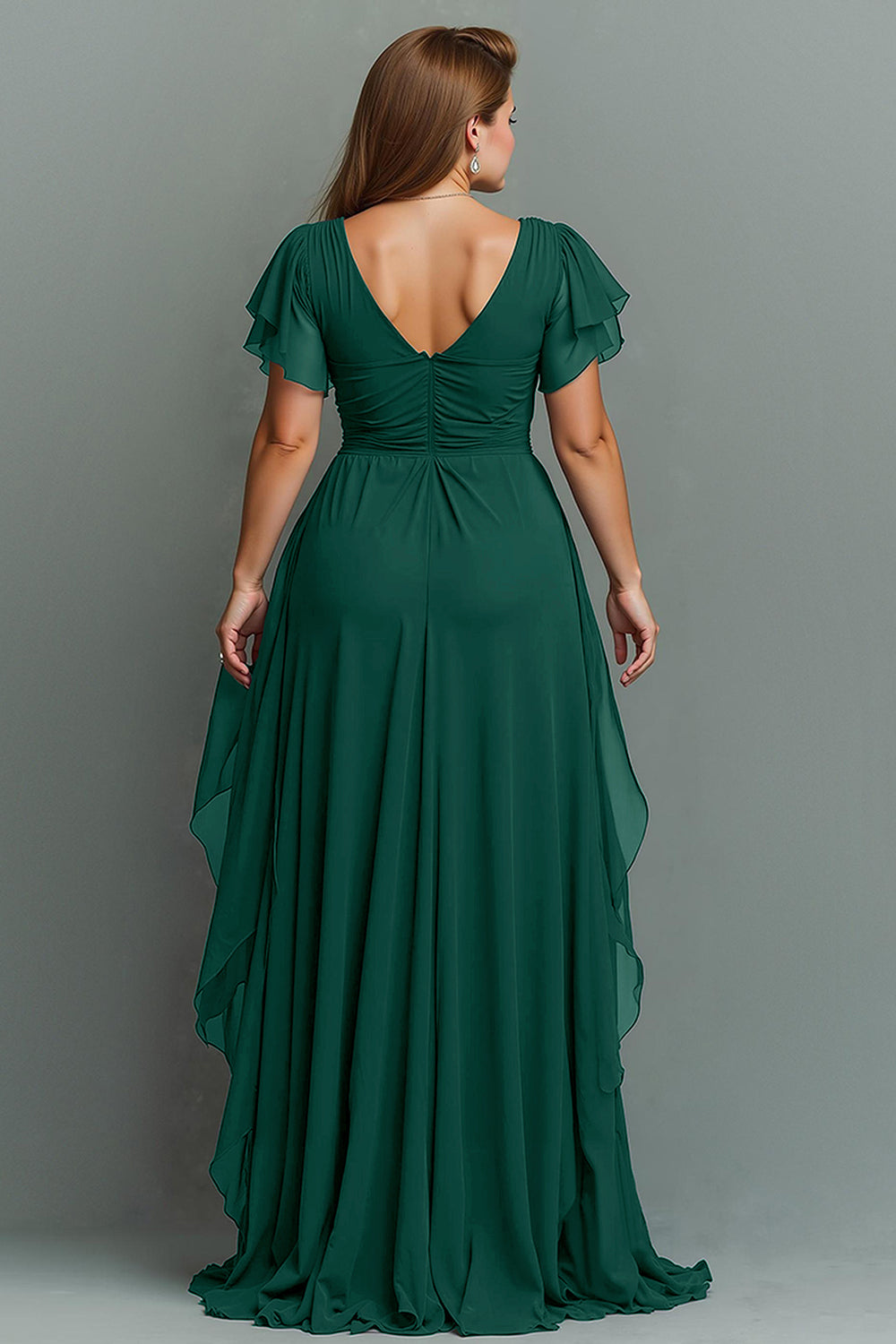 Navy A-Line Chiffon Ruched Maxi Dress With Flutter Sleeves