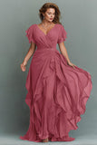 Navy A-Line Chiffon Ruched Maxi Dress With Flutter Sleeves