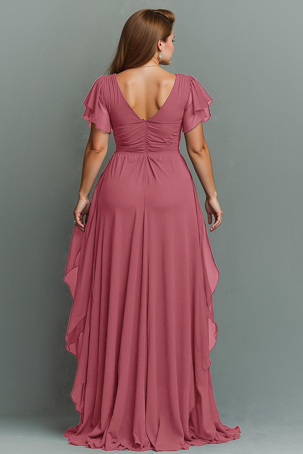 Navy A-Line Chiffon Ruched Maxi Dress With Flutter Sleeves