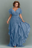 Navy A-Line Chiffon Ruched Maxi Dress With Flutter Sleeves