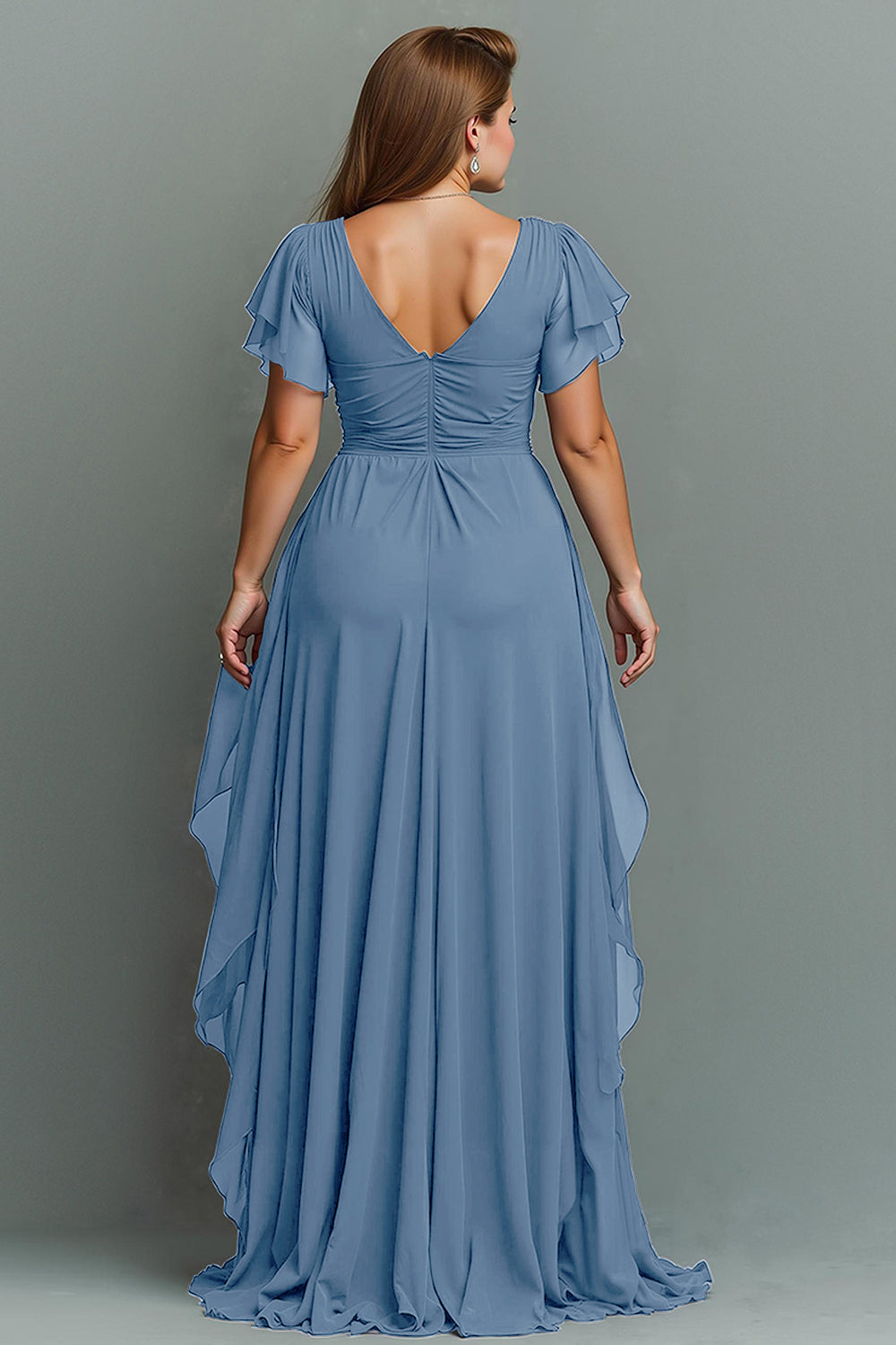 Navy A-Line Chiffon Ruched Maxi Dress With Flutter Sleeves