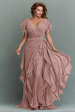 Navy A-Line Chiffon Ruched Maxi Dress With Flutter Sleeves