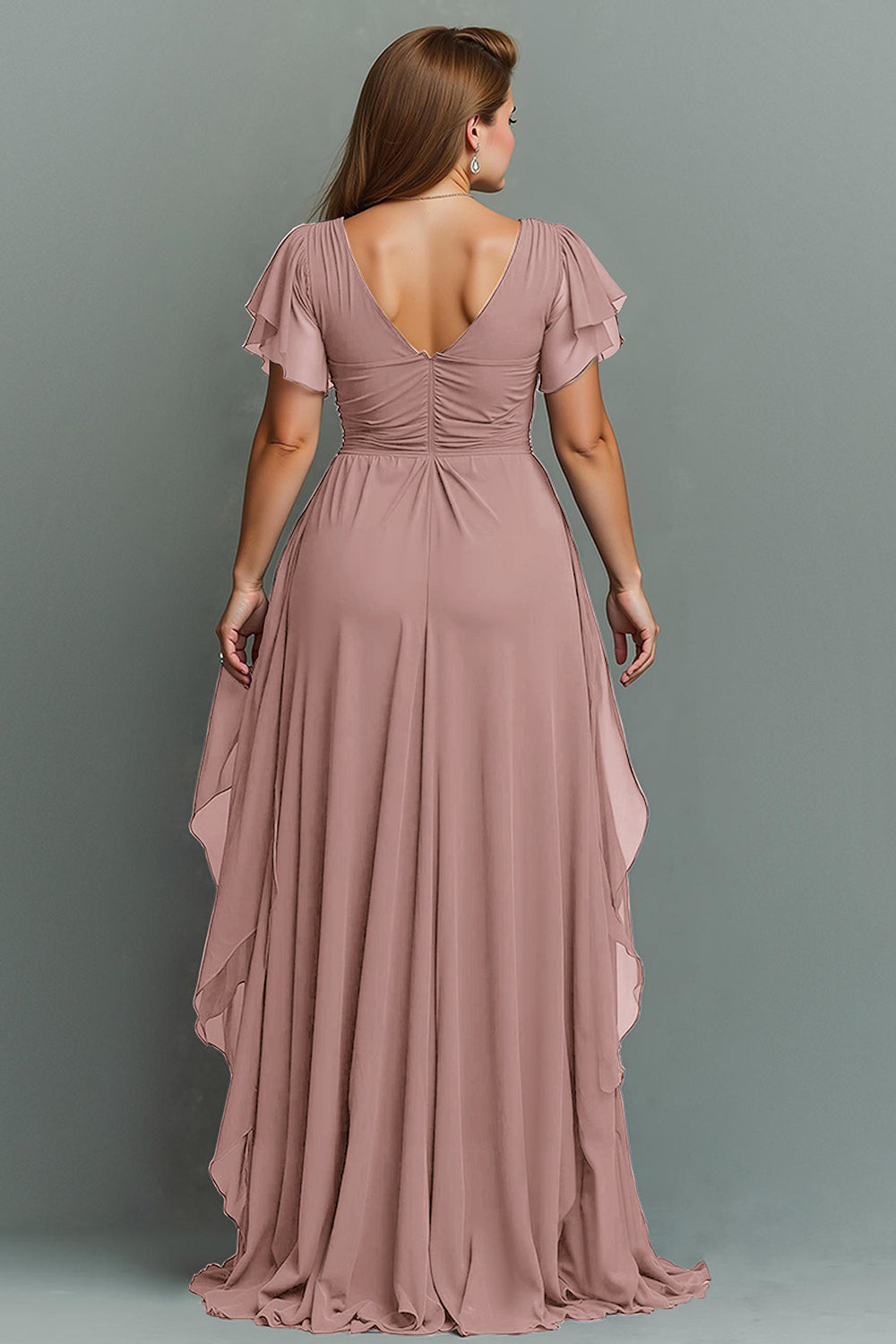 Navy A-Line Chiffon Ruched Maxi Dress With Flutter Sleeves