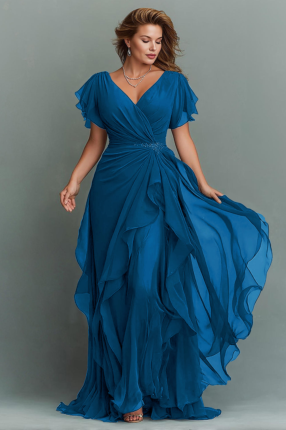 Navy A-Line Chiffon Ruched Maxi Dress With Flutter Sleeves
