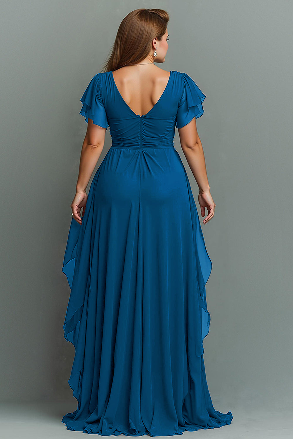 Navy A-Line Chiffon Ruched Maxi Dress With Flutter Sleeves