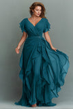 Navy A-Line Chiffon Ruched Maxi Dress With Flutter Sleeves