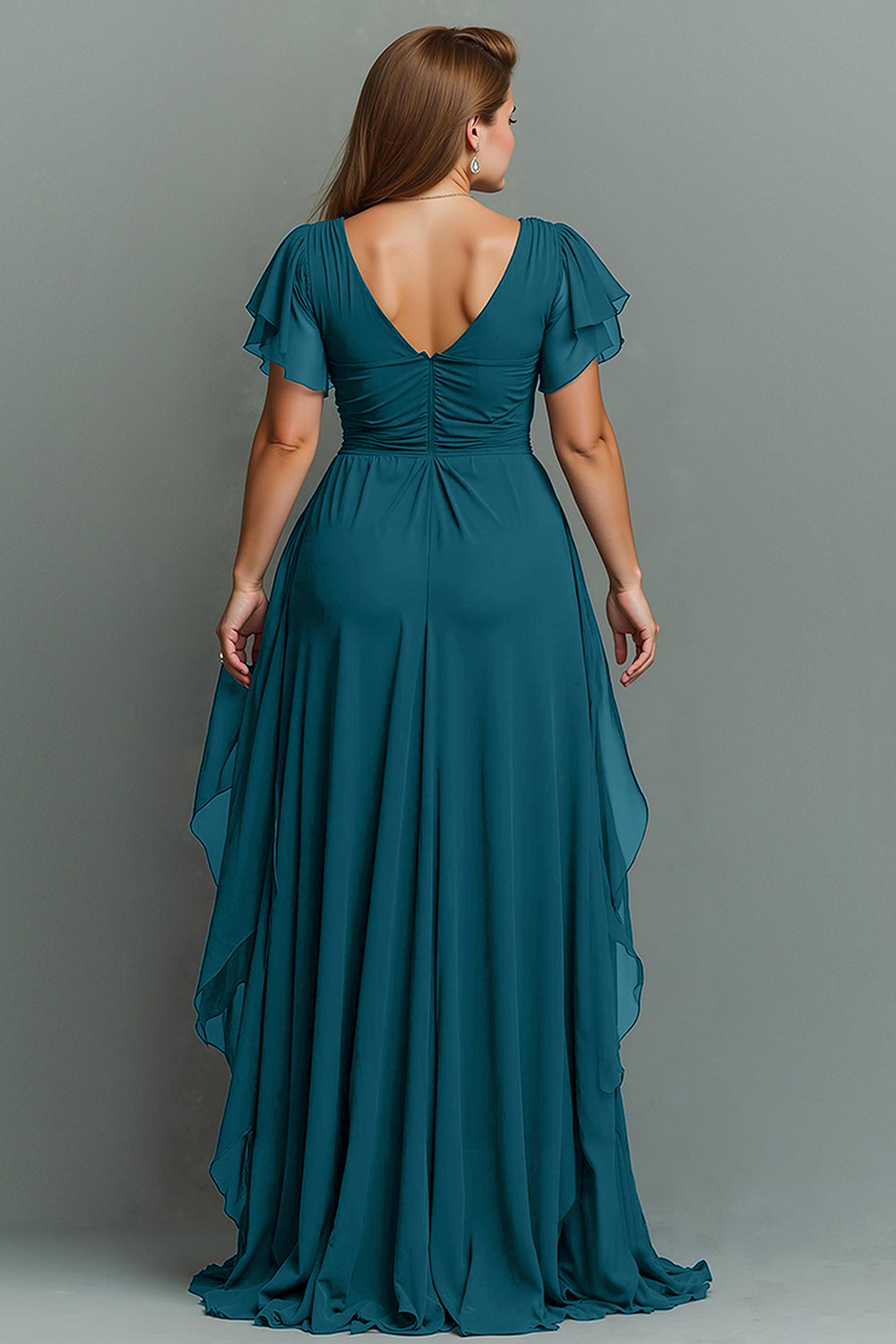 Navy A-Line Chiffon Ruched Maxi Dress With Flutter Sleeves
