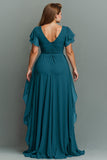 Navy A-Line Chiffon Ruched Maxi Dress With Flutter Sleeves