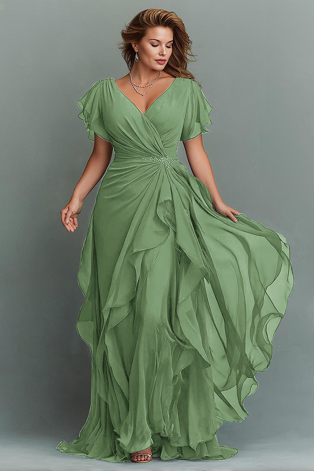 Navy A-Line Chiffon Ruched Maxi Dress With Flutter Sleeves