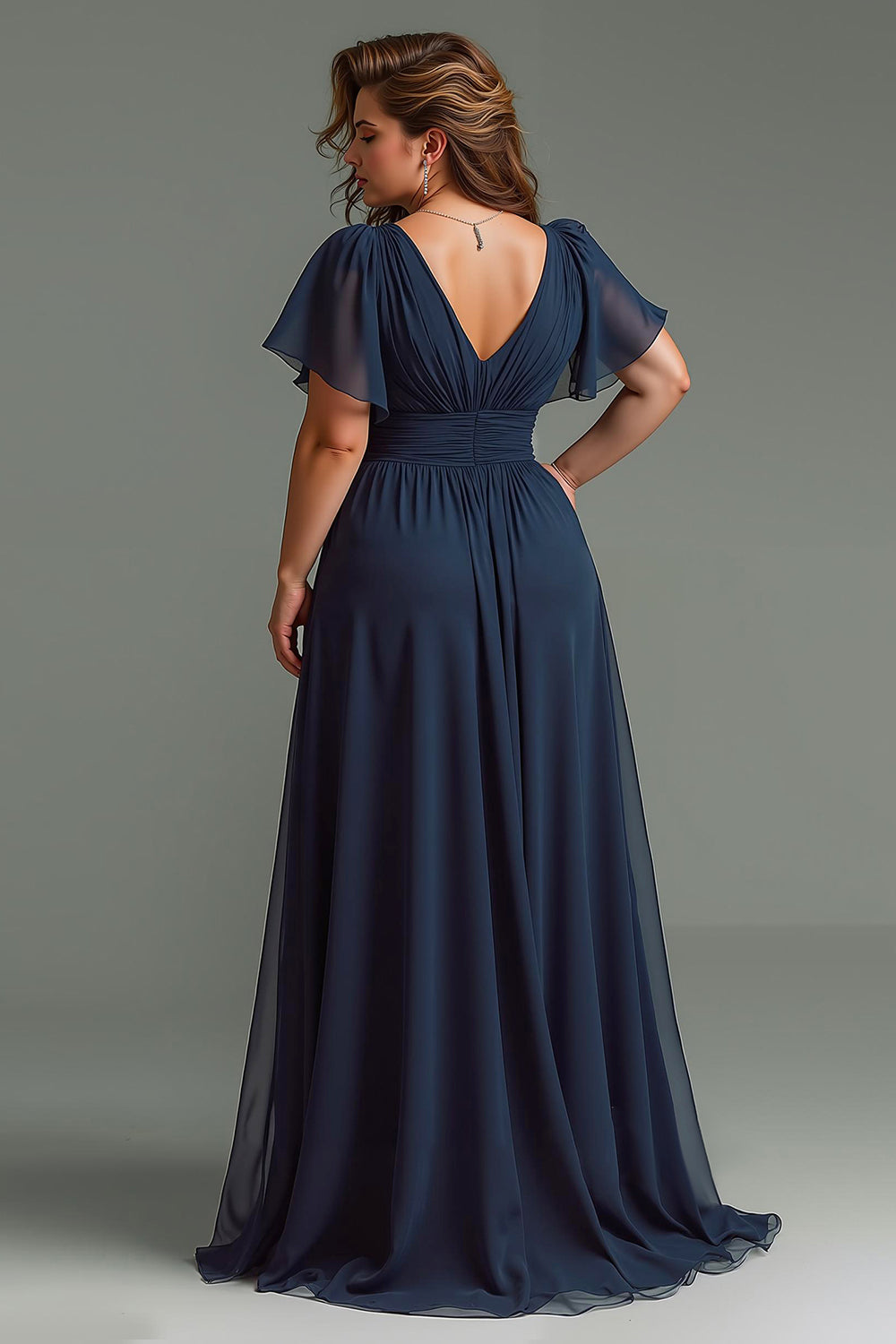 Navy A-Line V-Neck Chiffon Maxi Mother of the Bride Dress