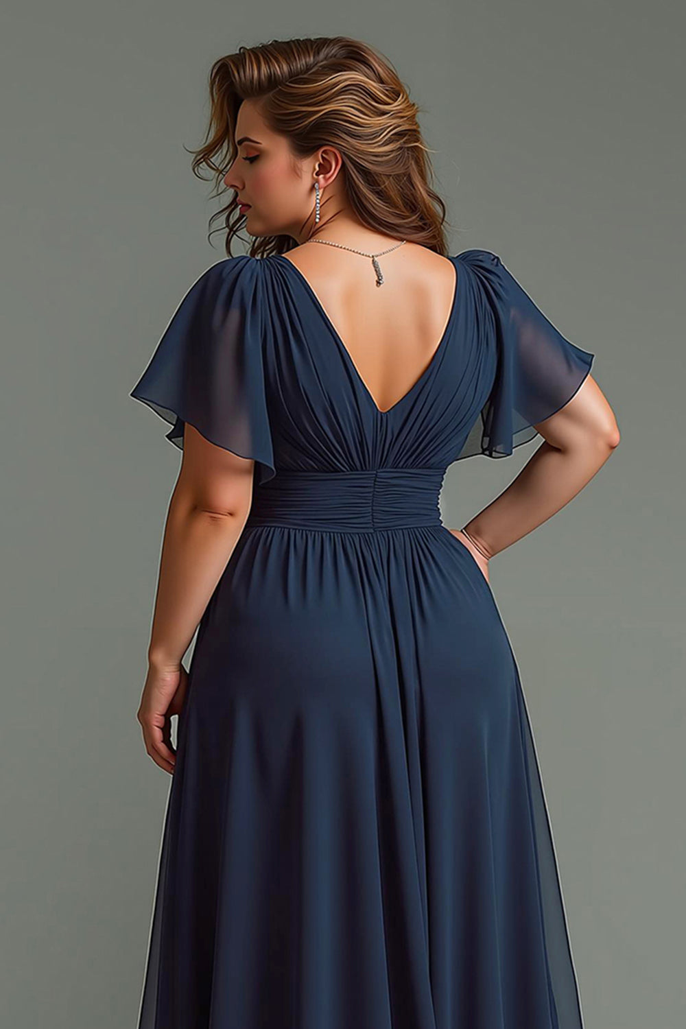 Navy A-Line V-Neck Chiffon Maxi Mother of the Bride Dress