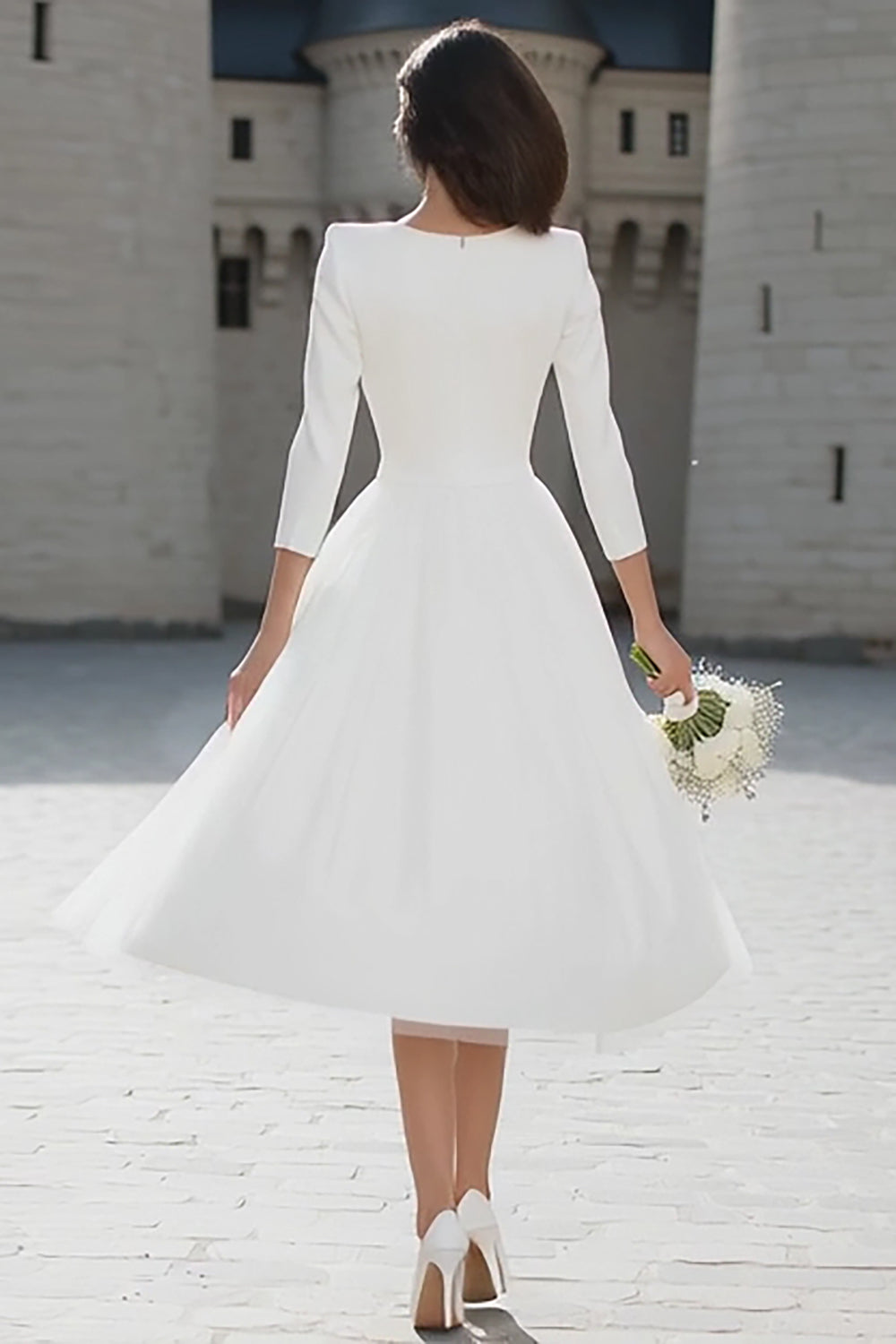 Ivory V-Neck A-Line Satin Engagement Dress With 3/4 Sleeves
