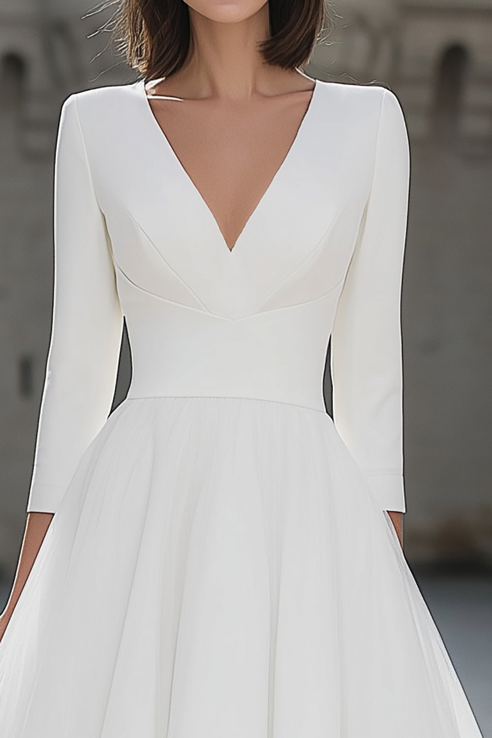 Ivory V-Neck A-Line Satin Engagement Dress With 3/4 Sleeves