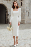 Ivory Long Sleeve Square Neck Sheath Engagement Dress