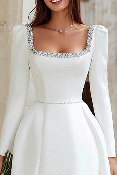 Berylove Women Beaded Ivory Bridal Shower Dress Square Neck Long Sleeve