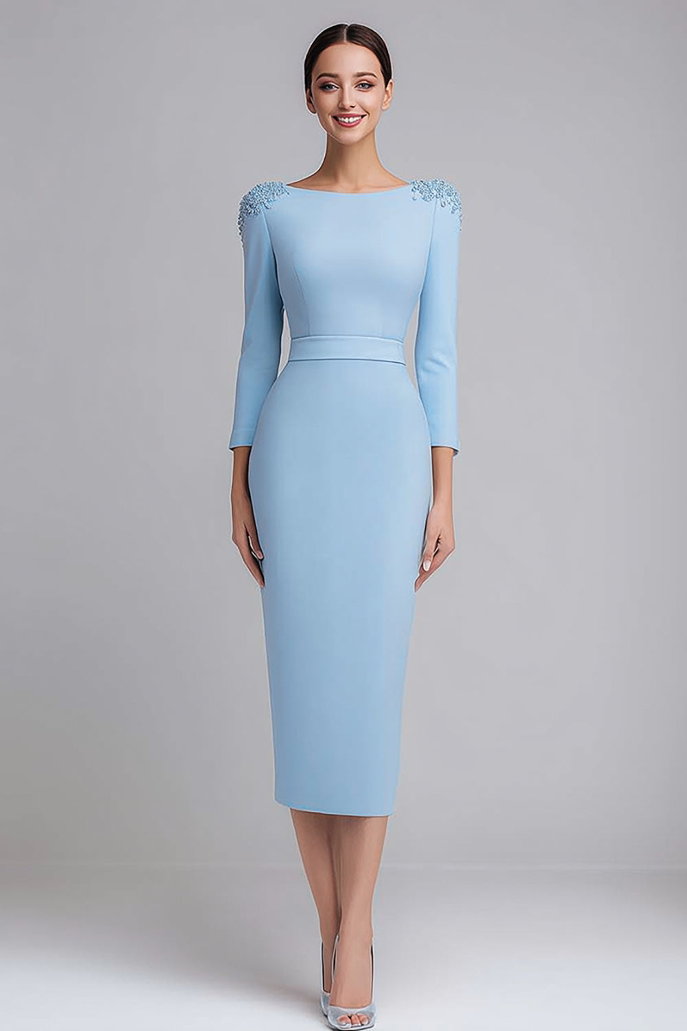 Light Blue Pencil Appliqued Midi Dress