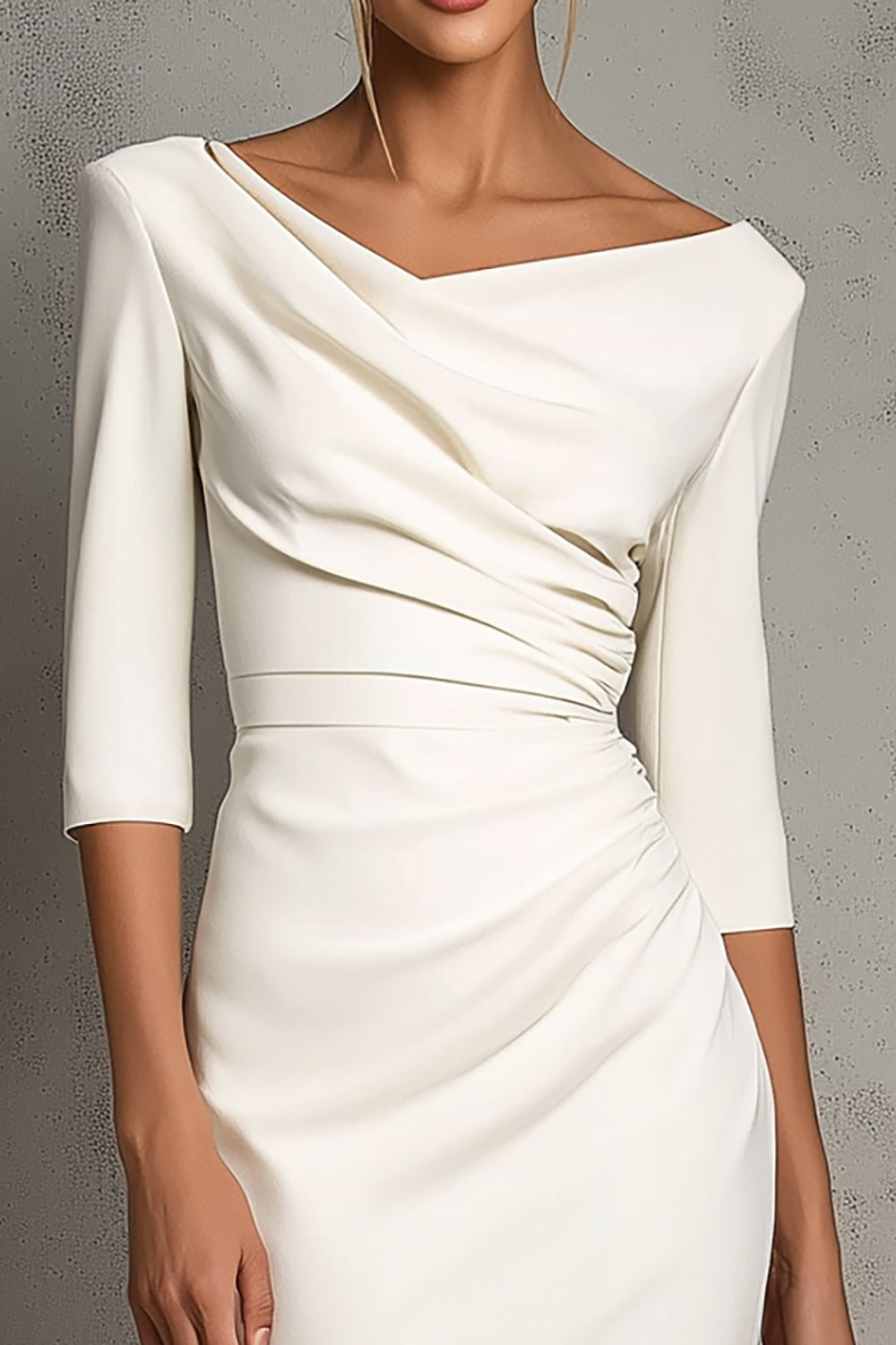 Ivory Sheath V-Neck Midi Dress With Half Sleeves