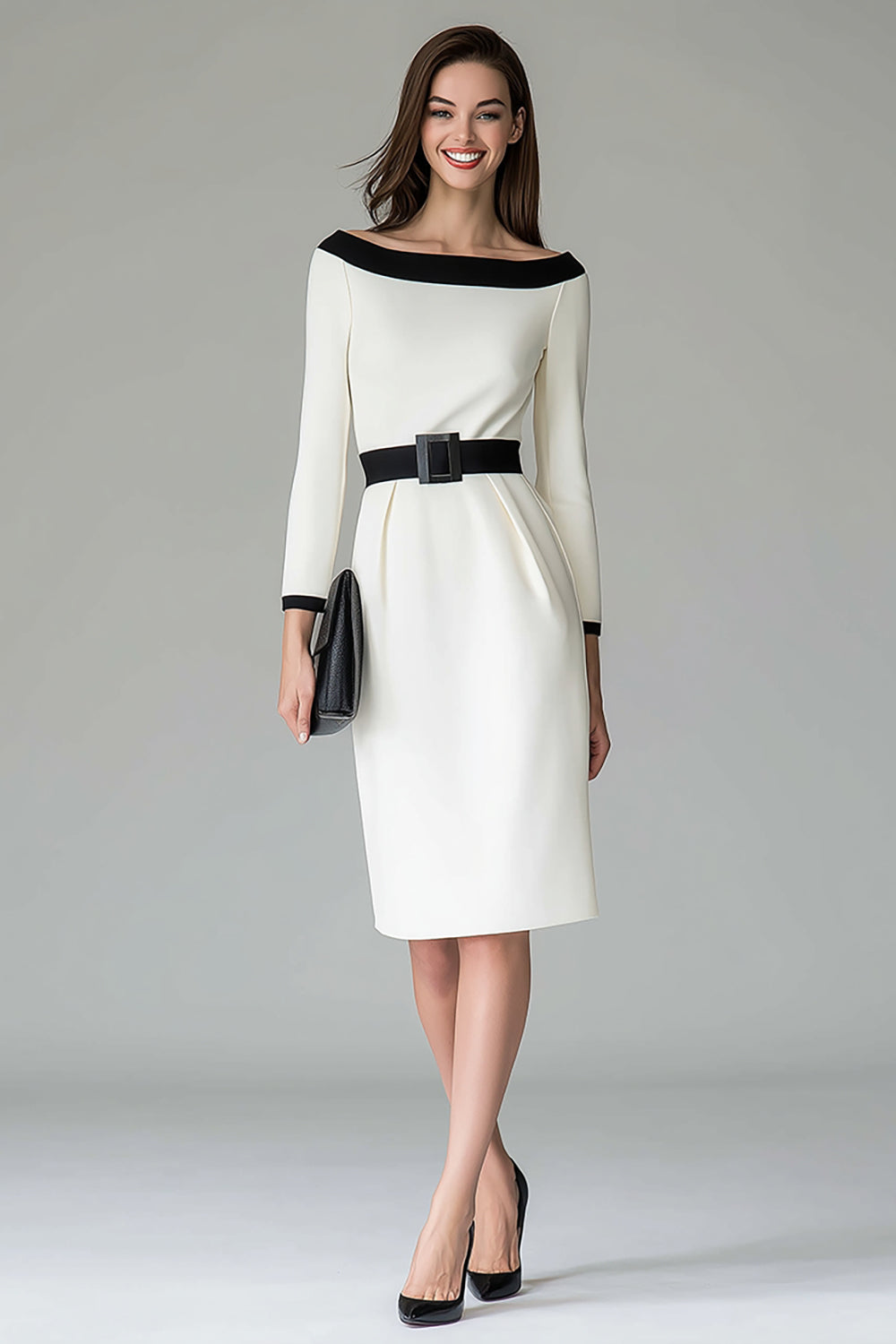 Black and White Off The Shoulder Pencil Work Dress With Belt