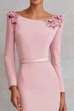 Pink Pencil Long Sleeve Work Dress With 3D Flowers