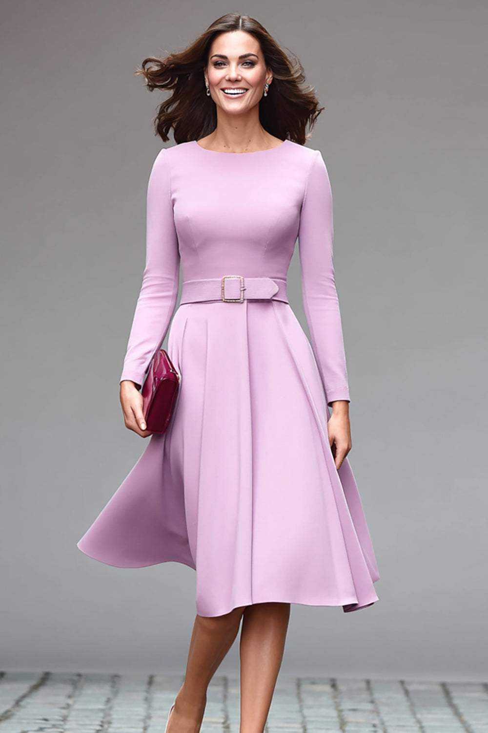 Lilac A-Line Long Sleeve Work Dress With Belt