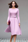Lilac A-Line Long Sleeve Work Dress With Belt