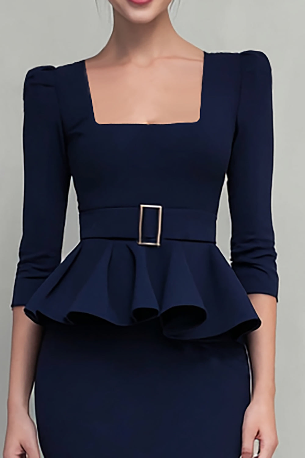 Navy Pencil Square Neck Work Dress With Belt