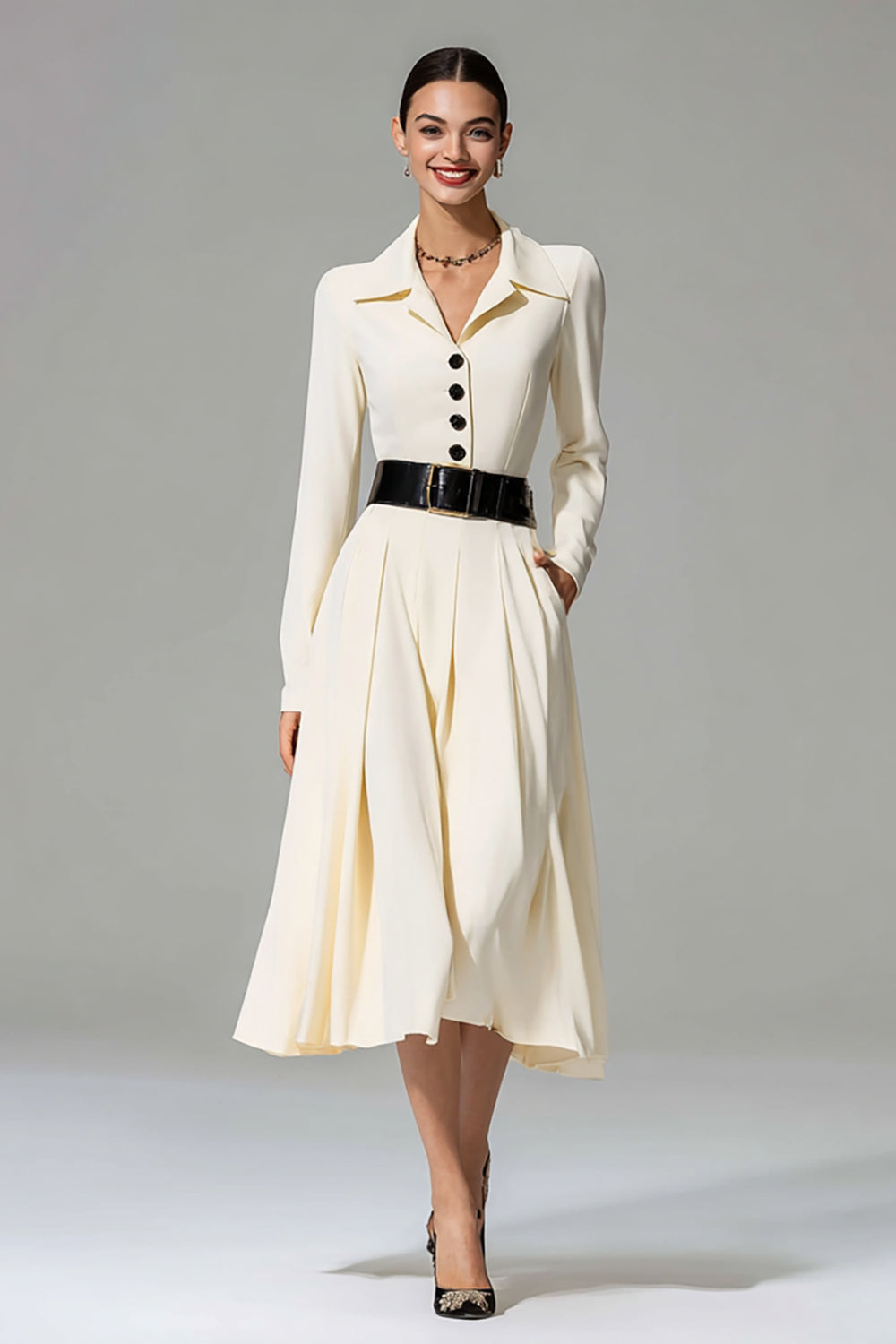 Ivory A-Line Notched Lapel Long Sleeve Work Dress