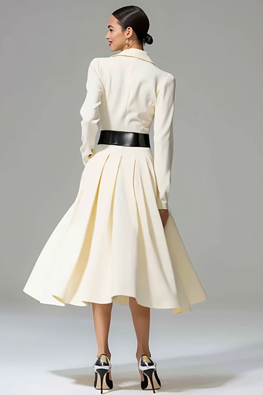 Ivory A-Line Notched Lapel Long Sleeve Work Dress