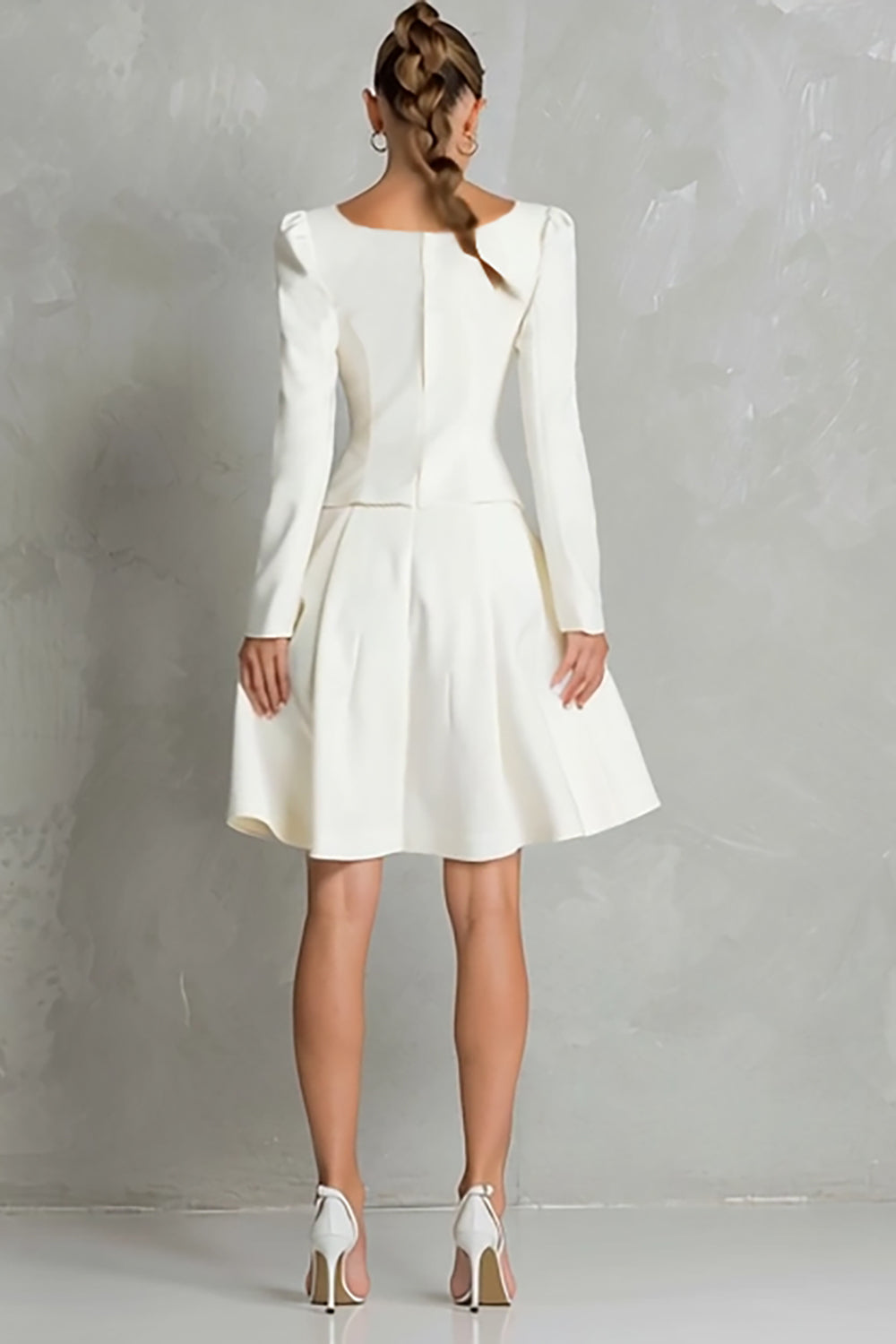 Square Neck A-Line Long Sleeve Ivory Work Dress