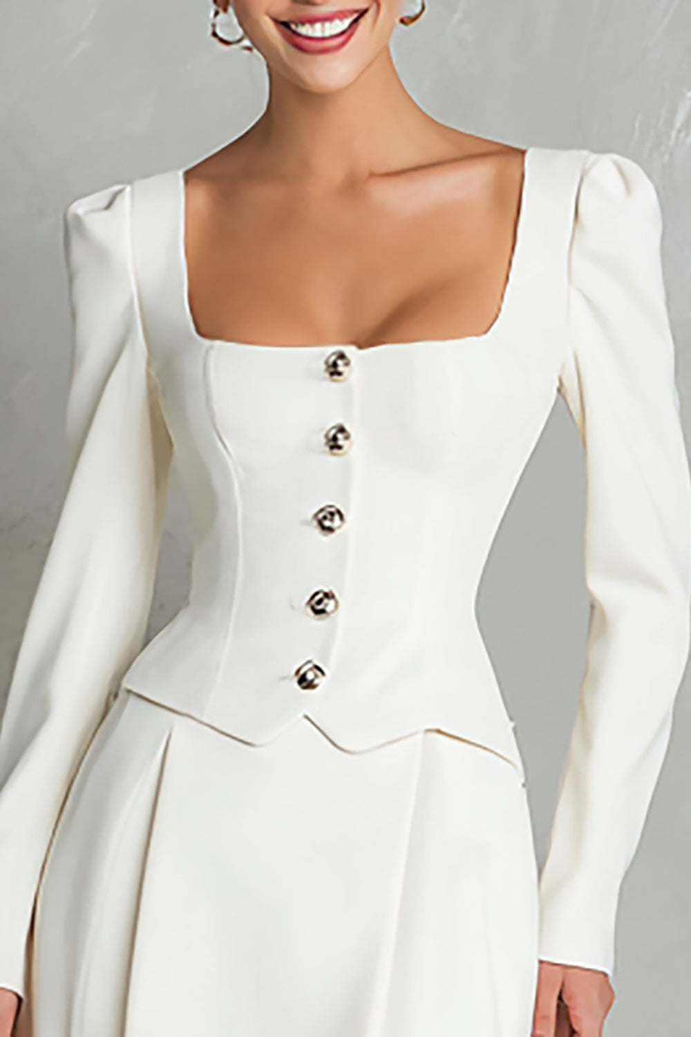 Square Neck A-Line Long Sleeve Ivory Work Dress