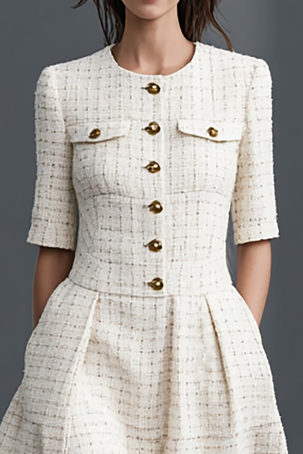 A-Line Ivory Round Neck Work Dress With Half Sleeves