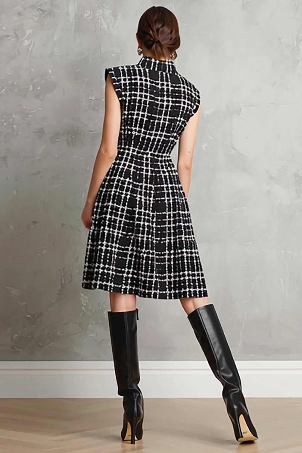 Tweed A-Line Black High Neck Work Dress