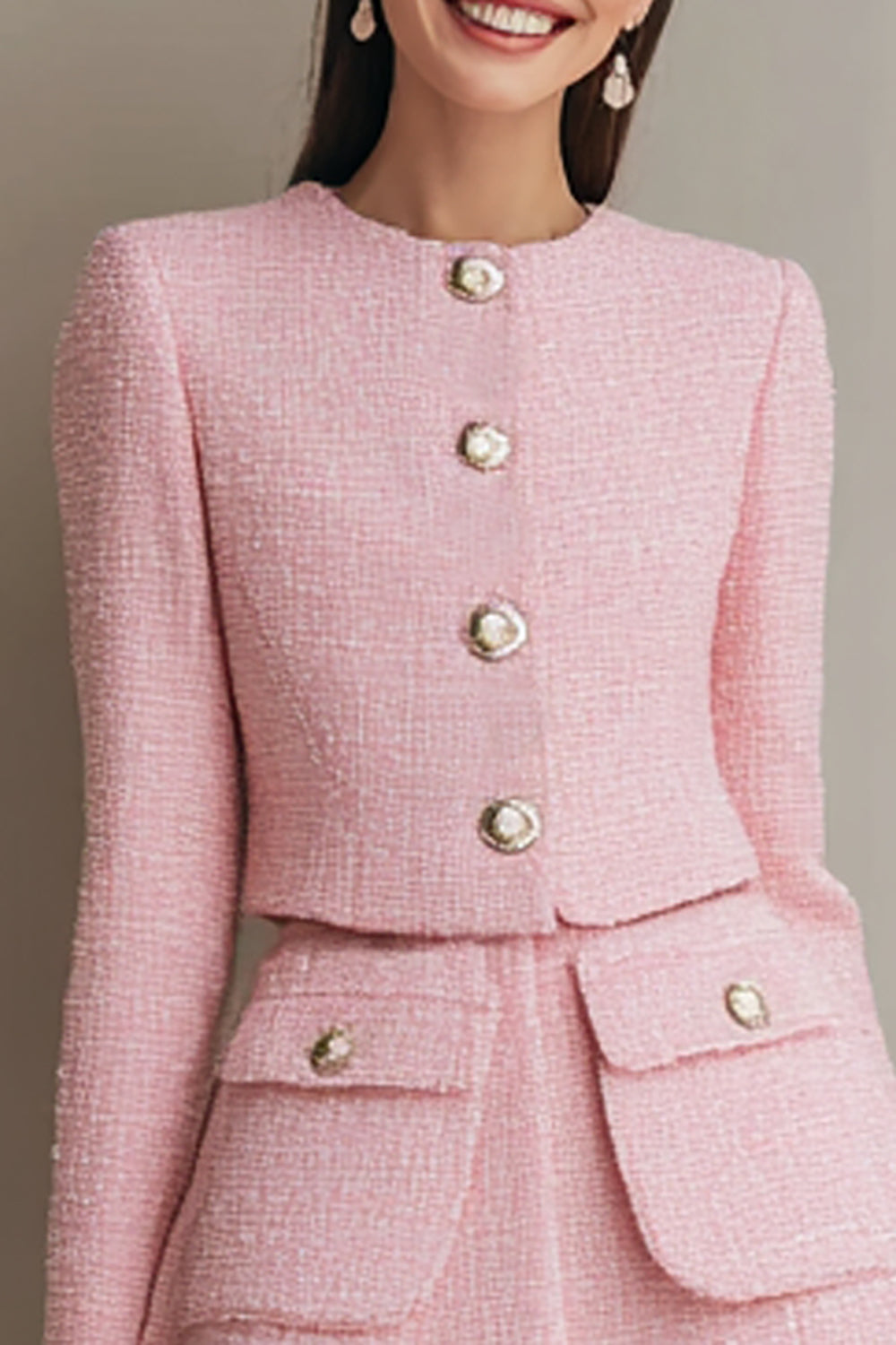 Pink 2-Piece Single Breasted Work Dress With Long Sleeves