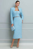 Light Blue 3-Piece Pencil Tweed Midi Work Dress