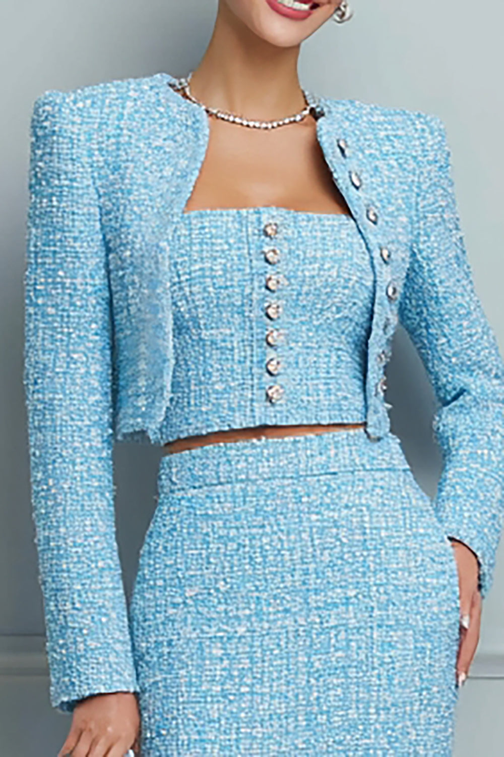 Light Blue 3-Piece Pencil Tweed Midi Work Dress