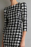 Mix Black Grid Mermaid Tweed Midi Work Dress