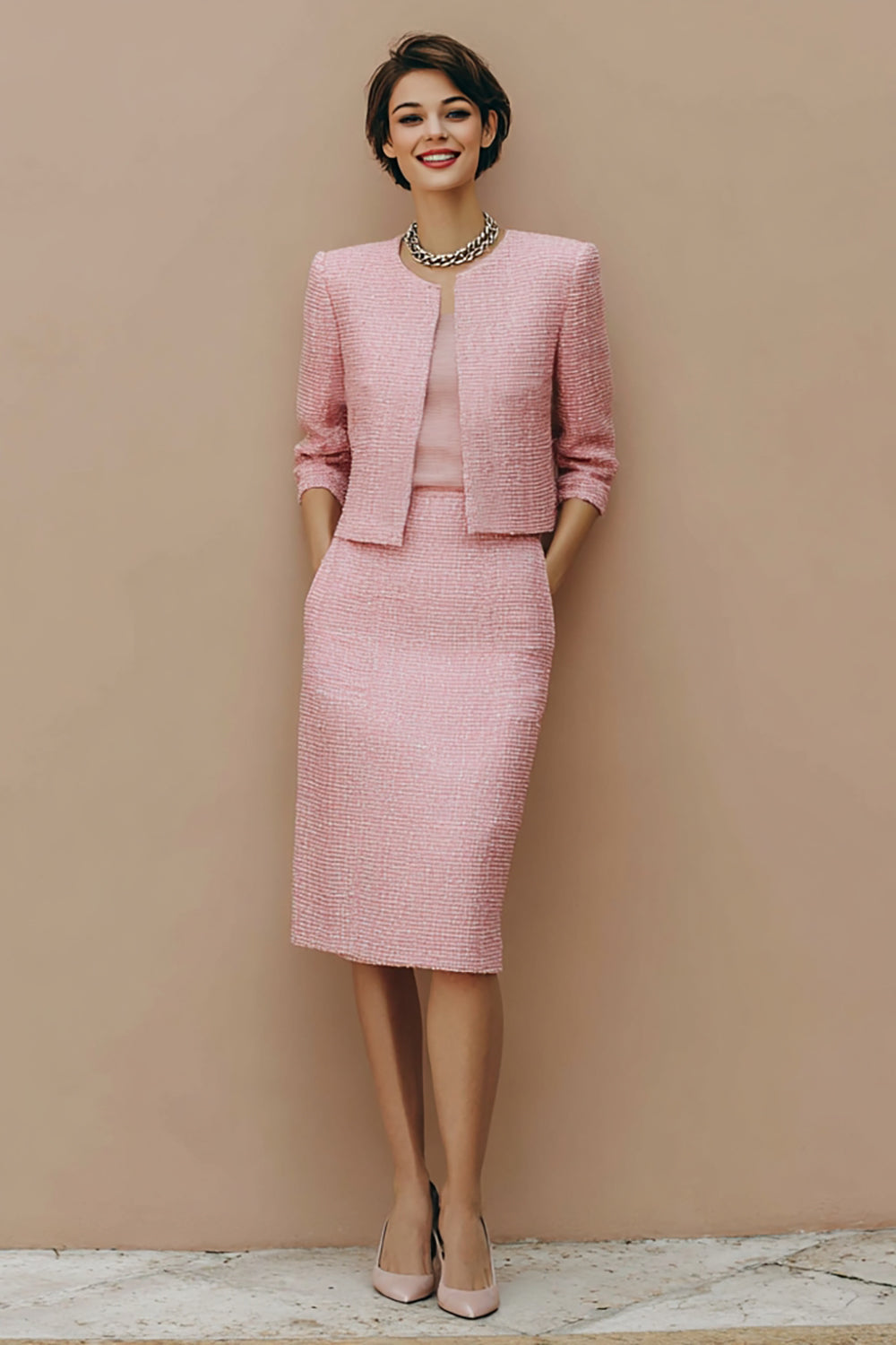 Pink 2-piece Tweed Pencil Midi Work Dress