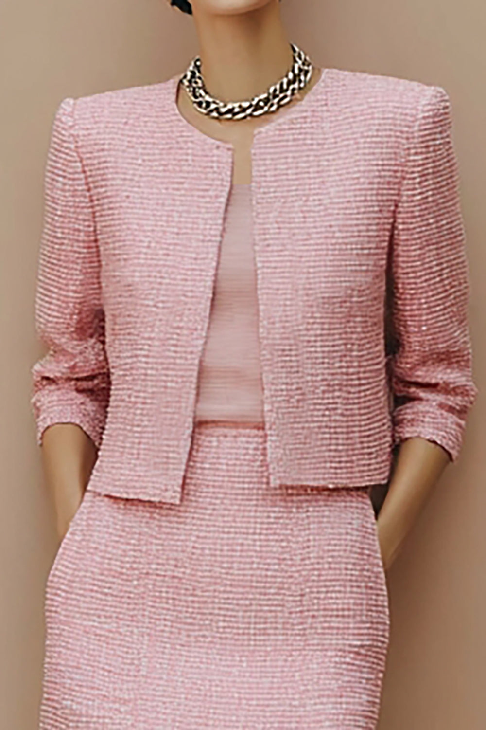 Pink 2-piece Tweed Pencil Midi Work Dress