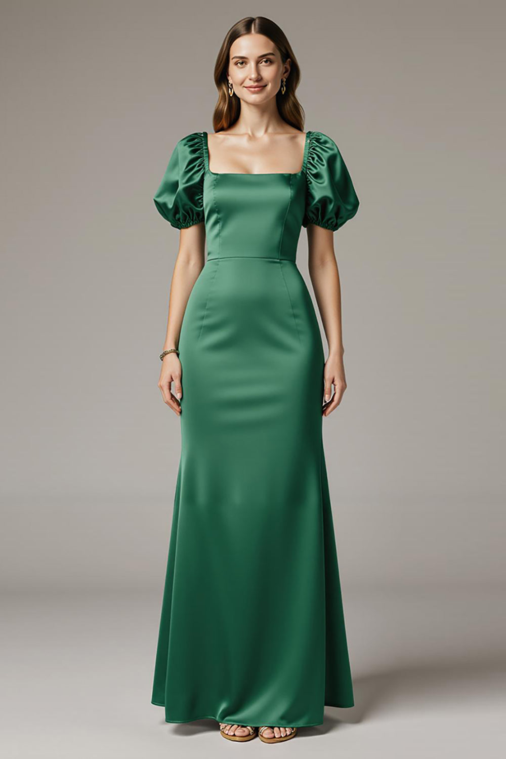 Green Sheath Square Neck Backless Wedding Guest Dress with Puff Sleeves