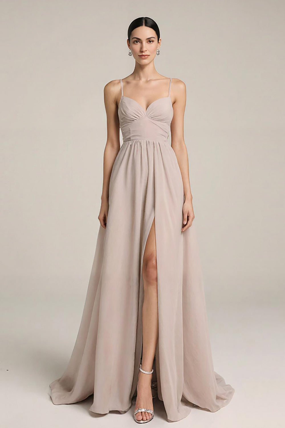 Blush Spaghetti Straps A-Line Evening Dress With Slit