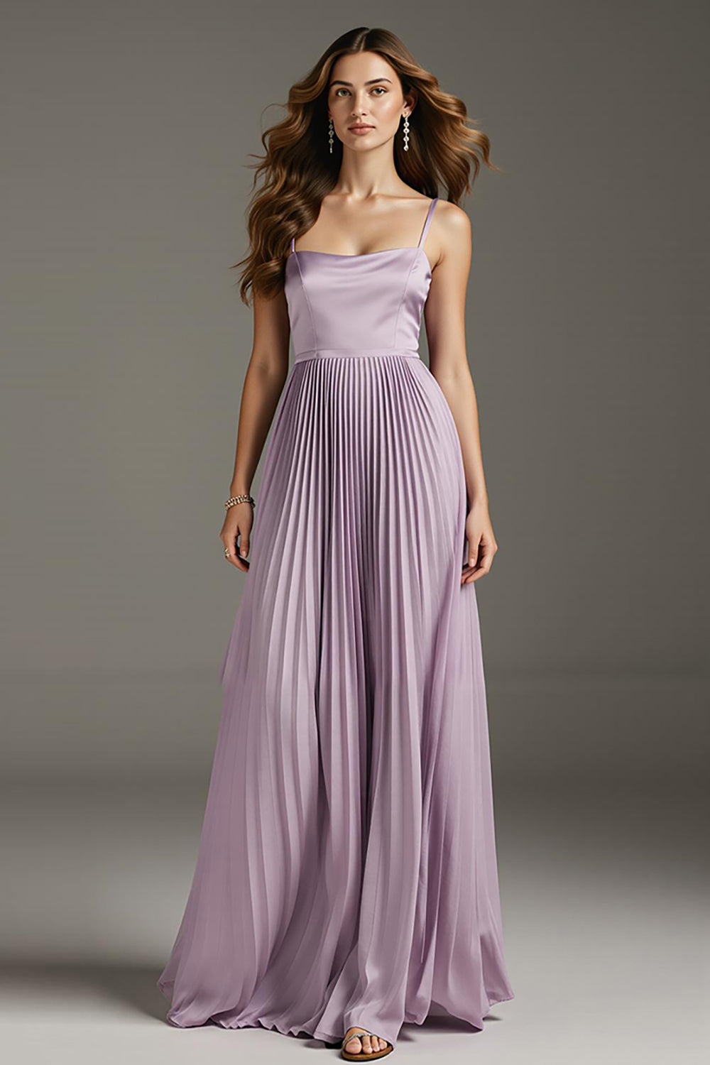 Light Purple A-Line Spaghetti Straps Pleated Maxi Dress