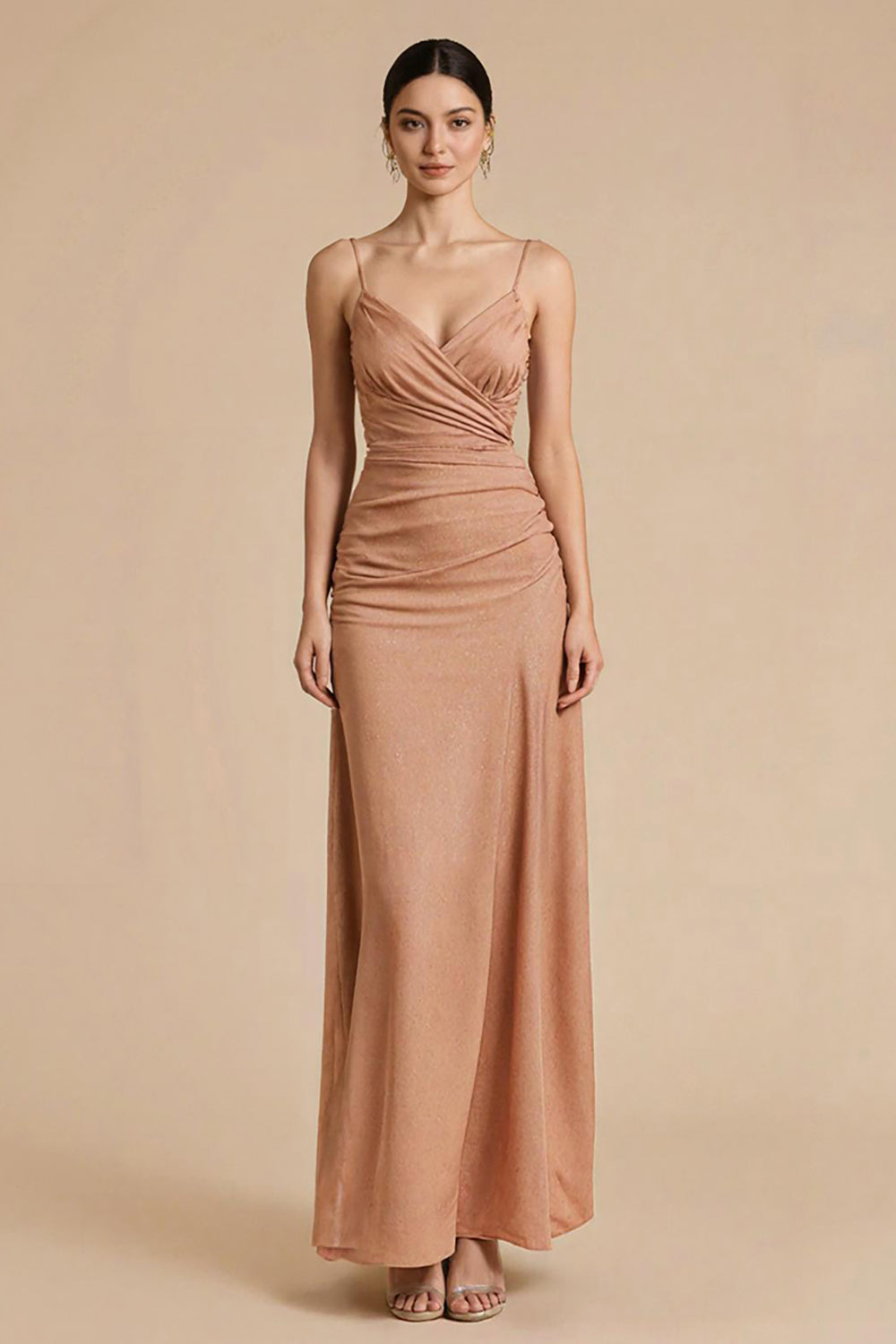 Terracotta Sheath Spaghetti Straps Ruched Maxi Dress