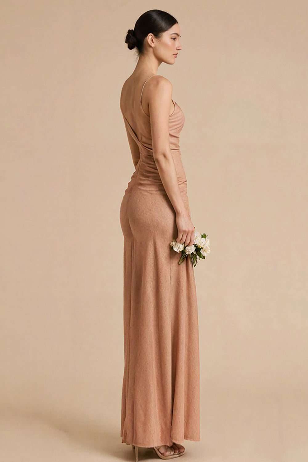 Terracotta Sheath Spaghetti Straps Ruched Maxi Dress
