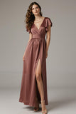 Coffee Satin V-Neck Backless Maxi Dress With Slit